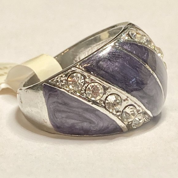 Vintage Purple Enamel Cocktail Ring Silver Plated Crystal Rhinestone Size 7 Boho - Picture 6 of 11